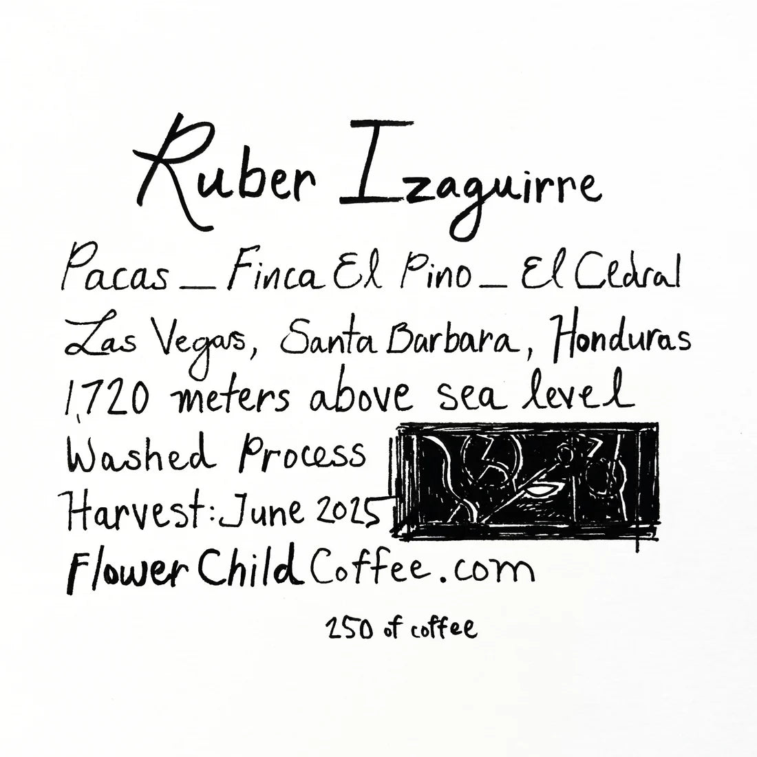 Handwritten coffee label for Ruber Izaguirre Pacas from Finca El Pino in El Cedral, Las Vegas, Santa Barbara, Honduras. Includes details such as 1,720 meters above sea level, washed process, June 2025 harvest, and FlowerChildCoffee.com with a small illustrated graphic.