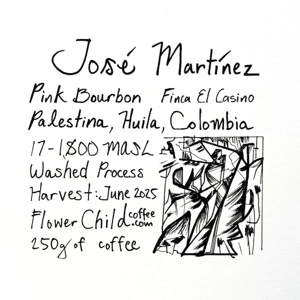 Coffee label for José Martínez Pink Bourbon from Finca El Casino in Palestina, Huila, Colombia, listing washed process, 1700–1800 MASL, June 2025 harvest, Flower Child Coffee, with abstract line-art illustration.