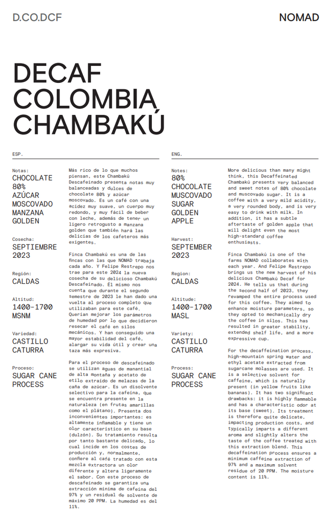 Nomad - Espresso, Colombia, Decaf - Washed Castillo