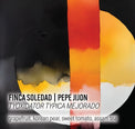 Coffee label for Finca Soledad by Pepe Jijon featuring Tyoxidator Typica Mejorado with tasting notes of grapefruit, Korean pear, sweet tomato, and Assam tea, displayed over abstract orange, red, black, and white artwork.