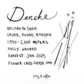 Coffee label for Danche from Gedeb, Gedeo, Ethiopia, featuring Wolisho and Dega varieties, 1,950–2,200 meters altitude, fully washed process, January 2025 harvest, Flower Child Coffee, with minimalist line-art illustration.