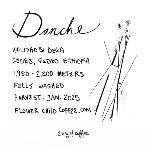 Coffee label for Danche from Gedeb, Gedeo, Ethiopia, featuring Wolisho and Dega varieties, 1,950–2,200 meters altitude, fully washed process, January 2025 harvest, Flower Child Coffee, with minimalist line-art illustration.