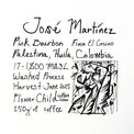 Coffee label for José Martínez Pink Bourbon from Finca El Casino in Palestina, Huila, Colombia, listing washed process, 1700–1800 MASL, June 2025 harvest, Flower Child Coffee, with abstract line-art illustration.