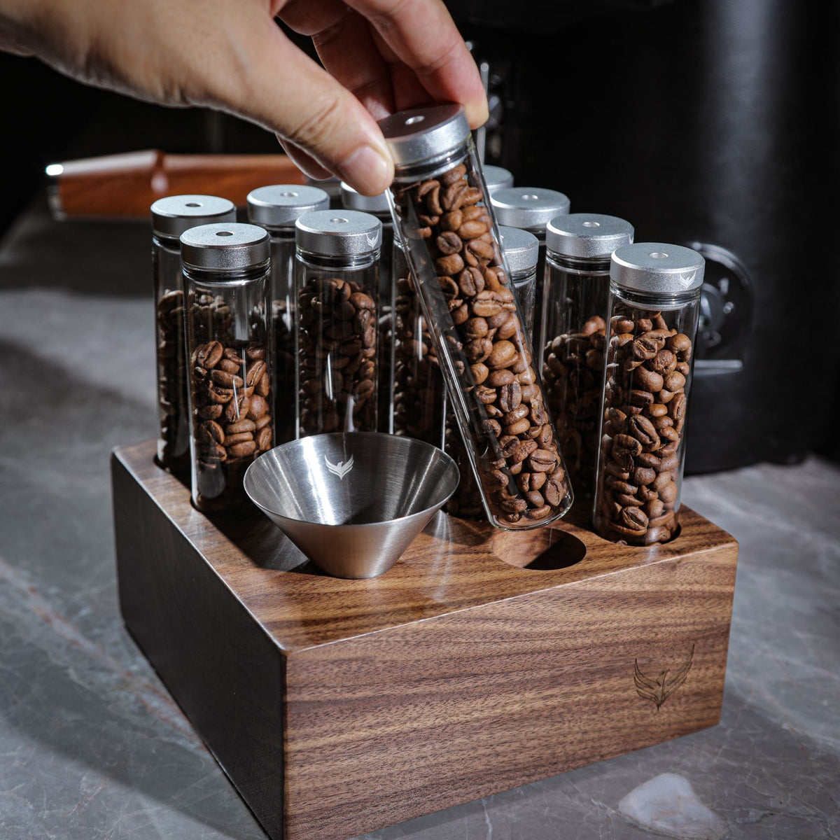 Knodos Valved Single Dose Bean Cellar with Wooden Display Rack - Sigma Coffee UK