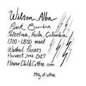 Handwritten coffee label showing Wilson Alba Pink Bourbon from Palestina, Huila, Colombia, 1700–1800 masl, washed process, June 2025 harvest, Flower Child Coffee, 250g.