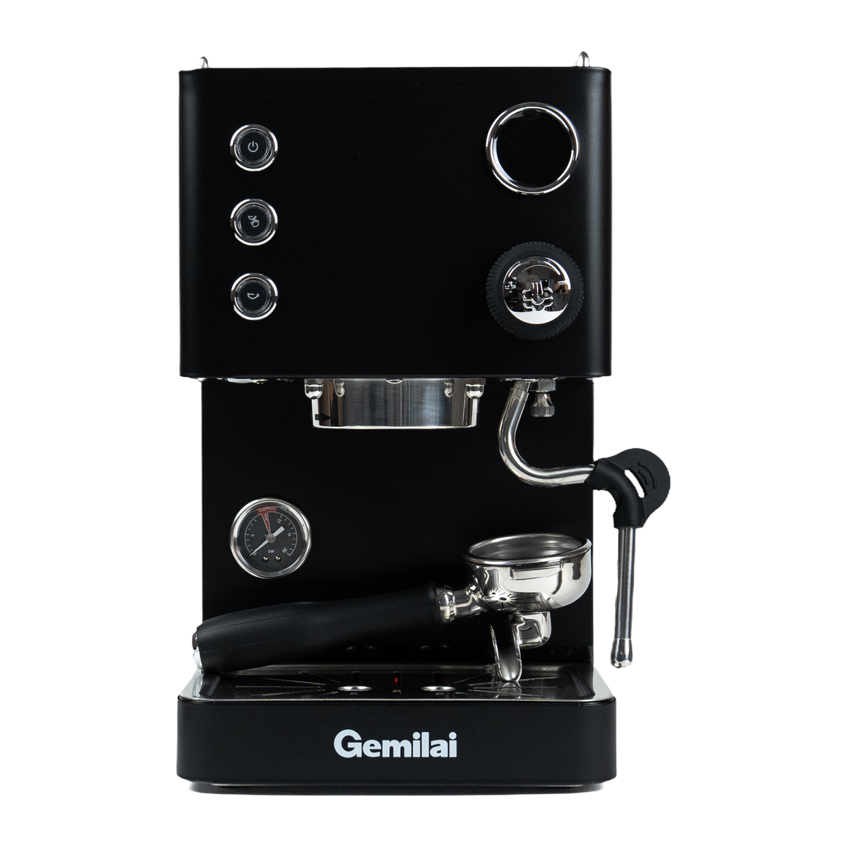 Gemilai CRM3007Z Apex V2 espresso machine in Midnight Black, front view with portafilter on the drip tray.