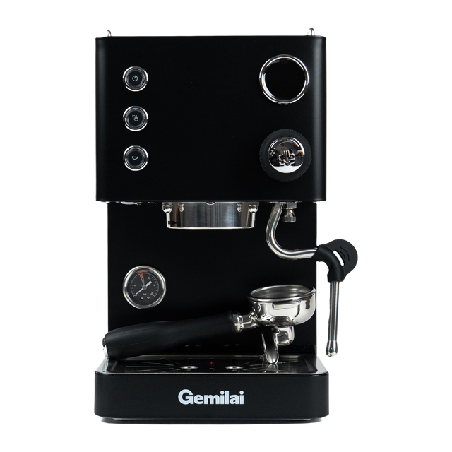 Gemilai CRM3007Z Apex V2 espresso machine in Midnight Black, front view with portafilter on the drip tray.