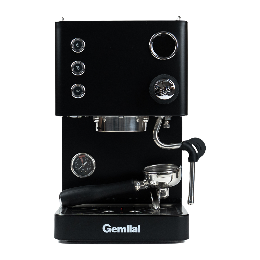 Gemilai CRM3007Z Apex V2 espresso machine in Midnight Black, front view with portafilter on the drip tray.