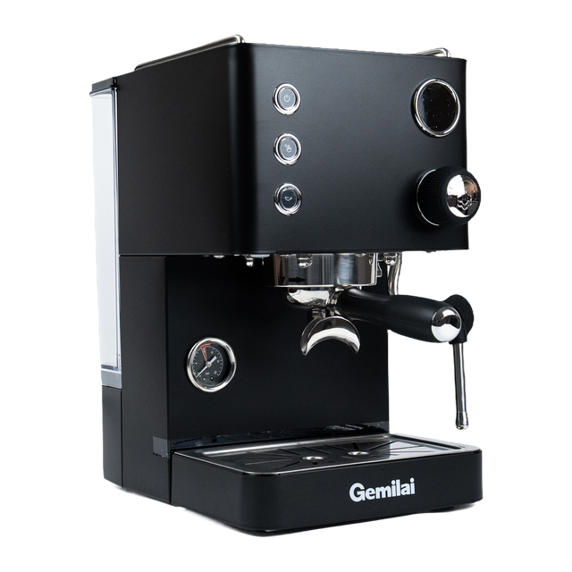 Gemilai CRM3007Z Apex V2 espresso machine in Midnight Black, angled view with portafilter fitted.