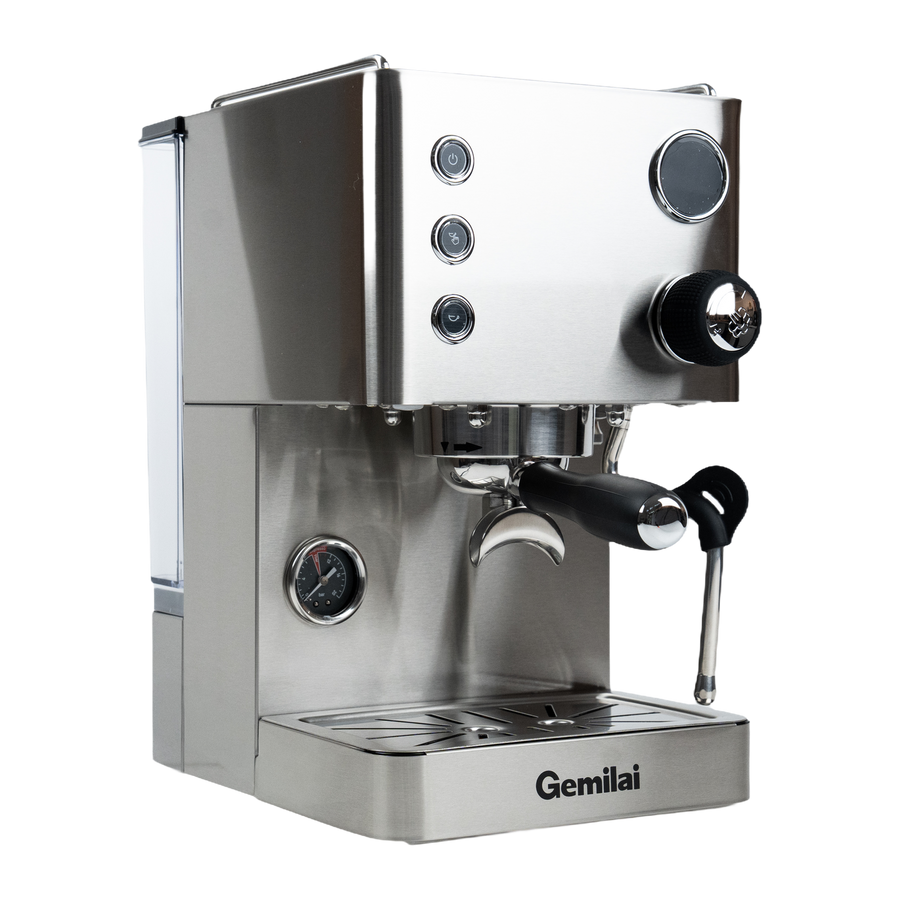 Gemilai CRM3007Z Apex V2 espresso machine in brushed Silver, front angled view with portafilter fitted.