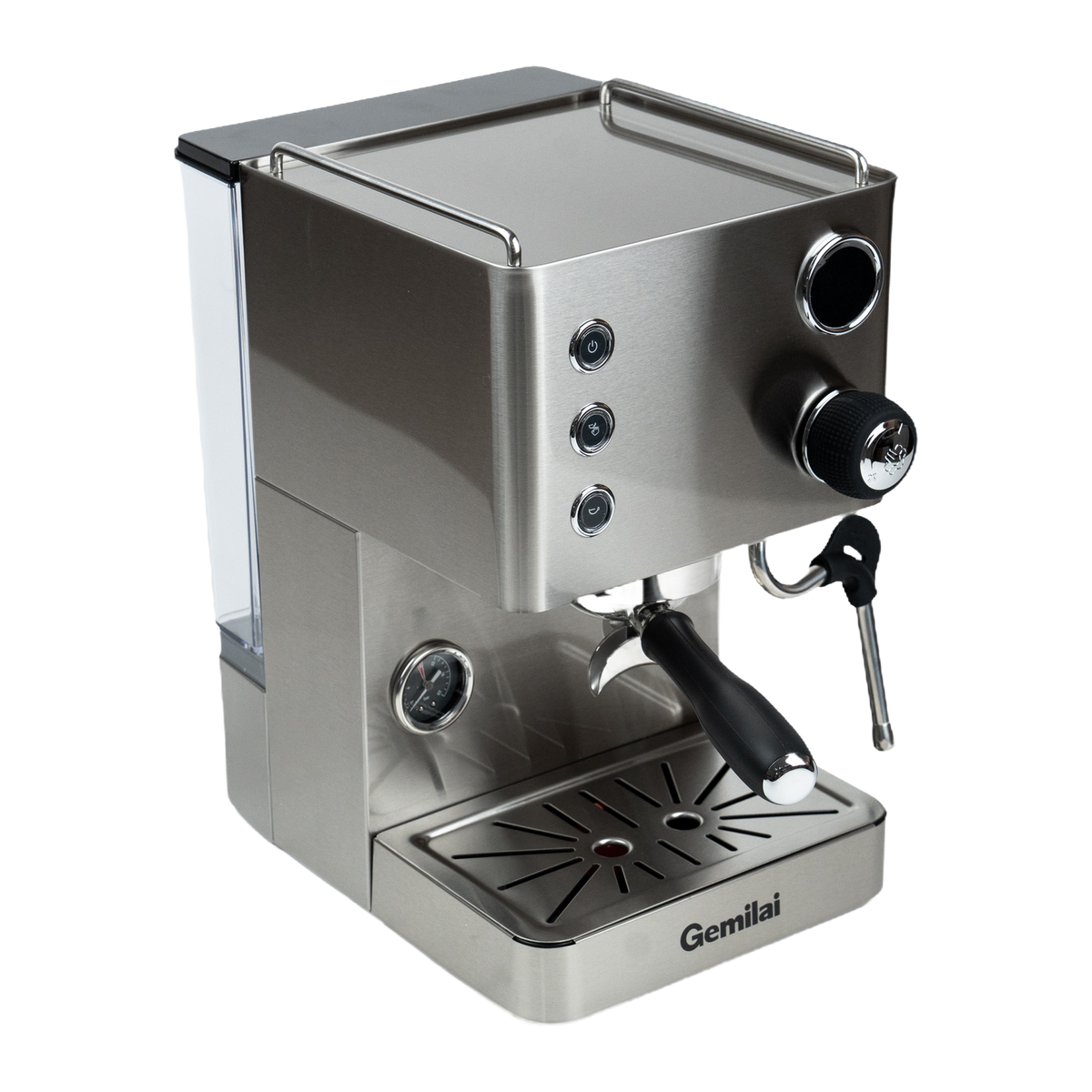 Gemilai CRM3007Z Apex V2 espresso machine in brushed Silver, high angled view showing the cup rail and drip tray.