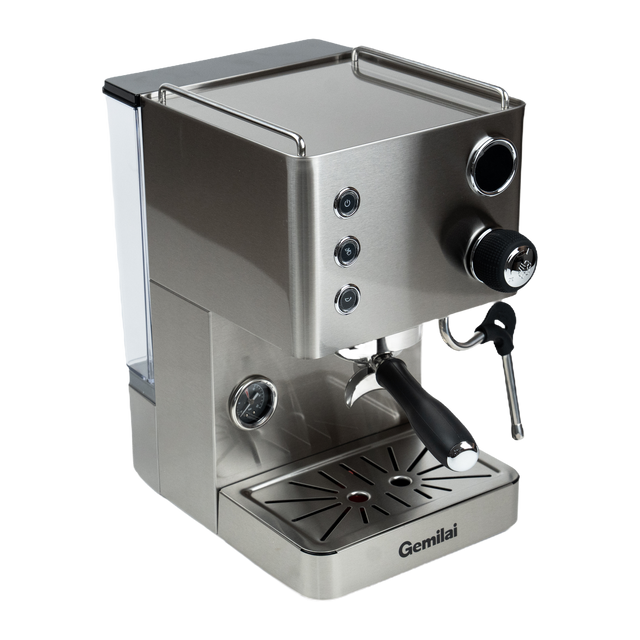 Gemilai CRM3007Z Apex V2 espresso machine in brushed Silver, high angled view showing the cup rail and drip tray.