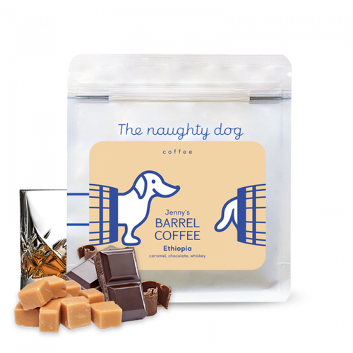 
“Jenny’s Barrel Coffee Ethiopia bag with caramel, chocolate, and whiskey flavor notes.”

More detailed option:

“The Naughty Dog Jenny’s Barrel Coffee Ethiopia packaging with caramel, chocolate, and whiskey ingredients displayed.”

E-commerce optimized:

“Ethiopian Jenny’s Barrel Coffee by The Naughty Dog, flavored with caramel, chocolate, and whiskey, shown in resealable bag.”